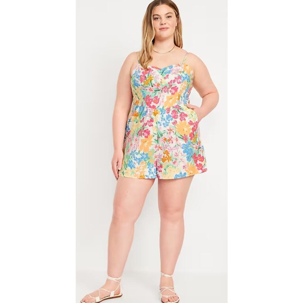 Old Navy Women's Size XL Fit & Flare Cami Romper Linen Rayon Tropical Shirred